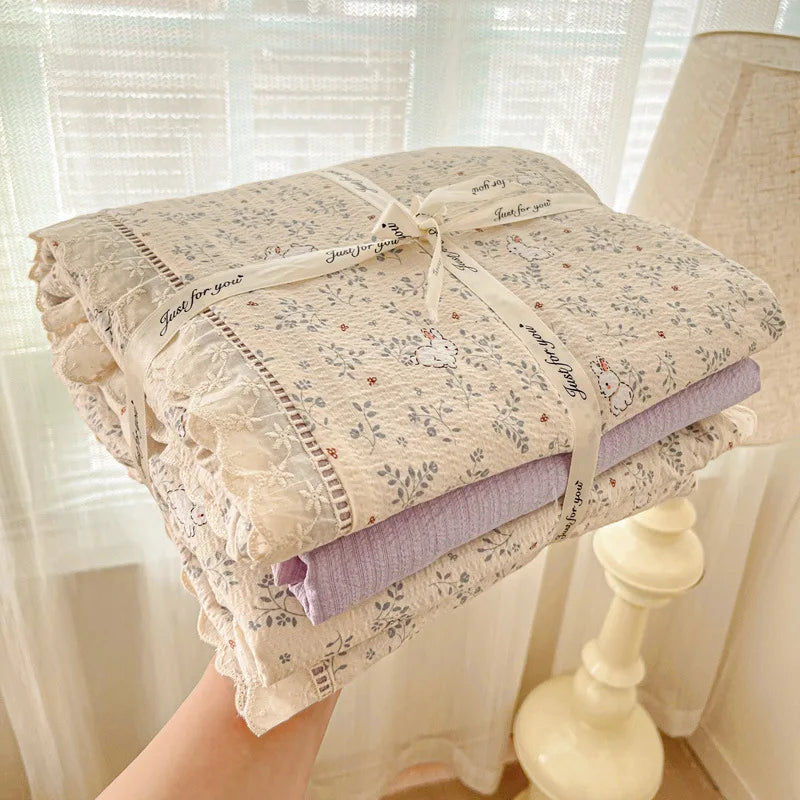 4pcs Floral Printed Duvet Cover Set Korean Lace Bedding Set