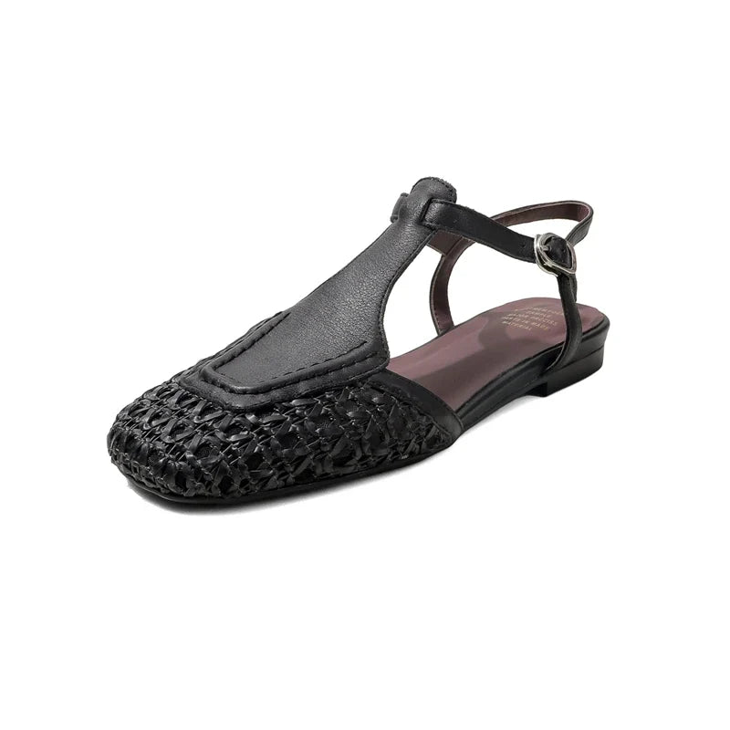Leather Cowhide Square Toe Retro Low Heel