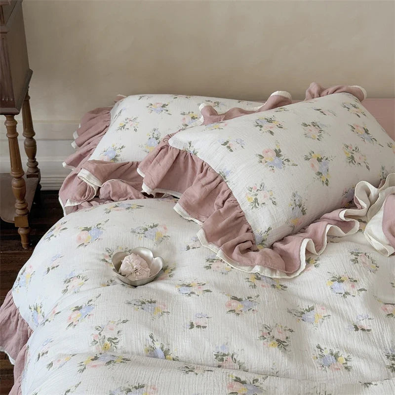 Floral Prints Double Layer Ruffles Bedding Set