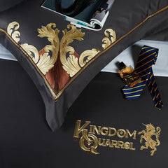 Grey European Luxury Gold Embroidery Bedding Set