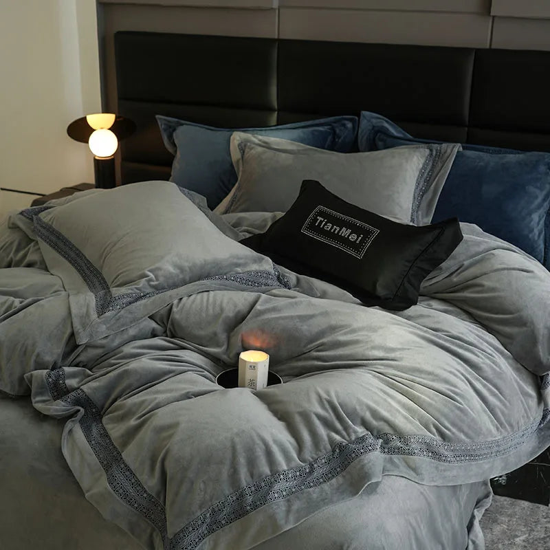 4Pcs Winter Thickened Milk Velvet Luxury Purple Bedding Set