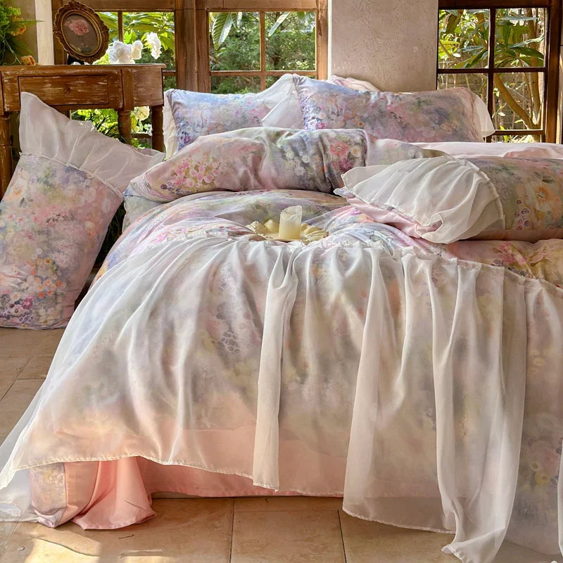 3/4Pcs French Princess Style Tencel Cotton Ice Silk Summer Cooling Comforter Set Blue Print Ruffle Bedding Set