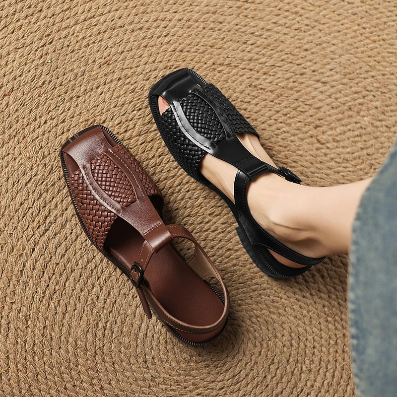 leather woven cowhide round toe