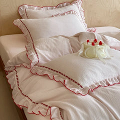 100% Cotton Double Yarn Bedding Set, Soft Ruffle Duvet Cover with Pillowcases, Queen King Size Pink Bed Linen for Girls Bedroom
