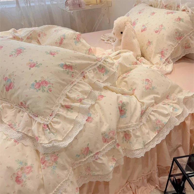 3/4Pcs Korean Princess Style Floral Lace Ruffle 100% Cotton Bedding Set