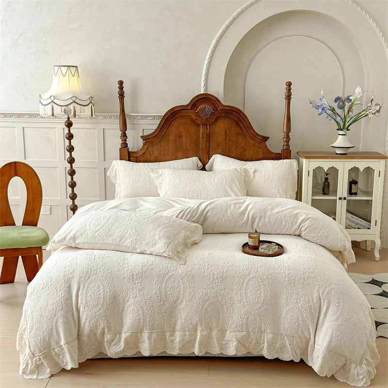 Vintage French Carved Velvet Lace Ruffles Luxury Warm Winter Pink Bedding Set