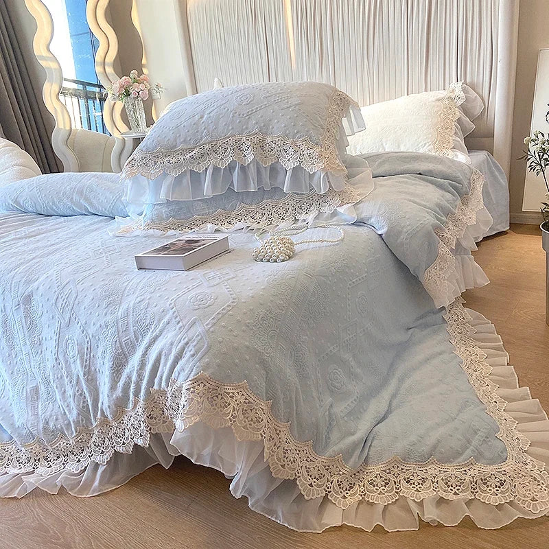 Pink Vintage French Lace Ruffles Carved Velvet Bedding Set