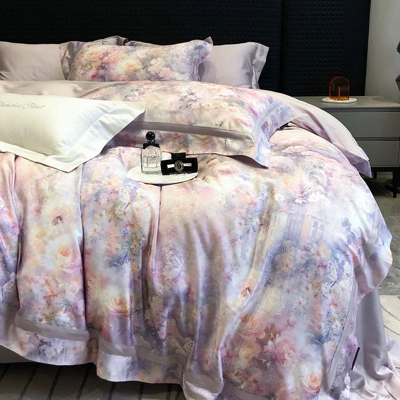 Flowers Digital Printing Wide Edge 1000TC Lyocell Cotton Soft Silky Bedding Set