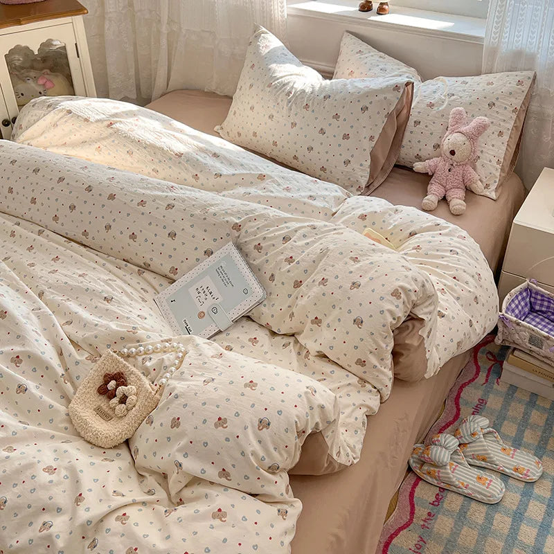Japanese Floral Printed Duvet Cover Set Twin King Soft Homestay Bedding Set
