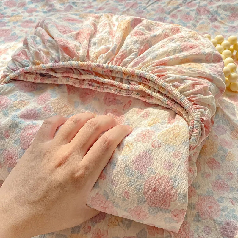 Soft Summer Fitted Bed Sheet with Elastic Band Cute Cherry Floral Single Double Queen Size 90/120/150/180/200 Bed Cover