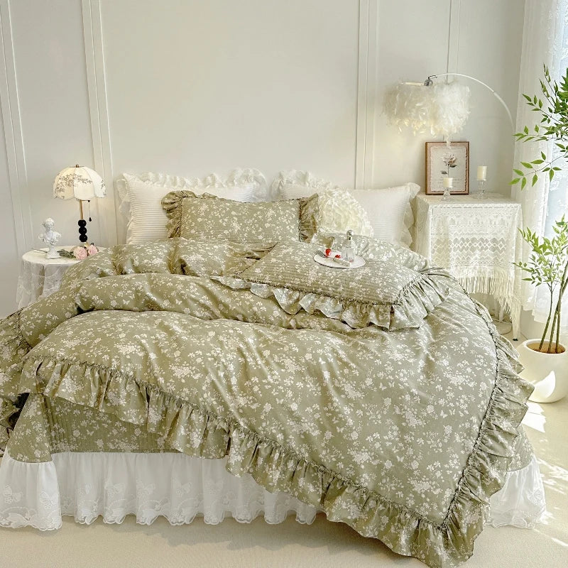 4/6Pcs Pure Cotton French Flowers Prints Ruffles Princess Bedding Set