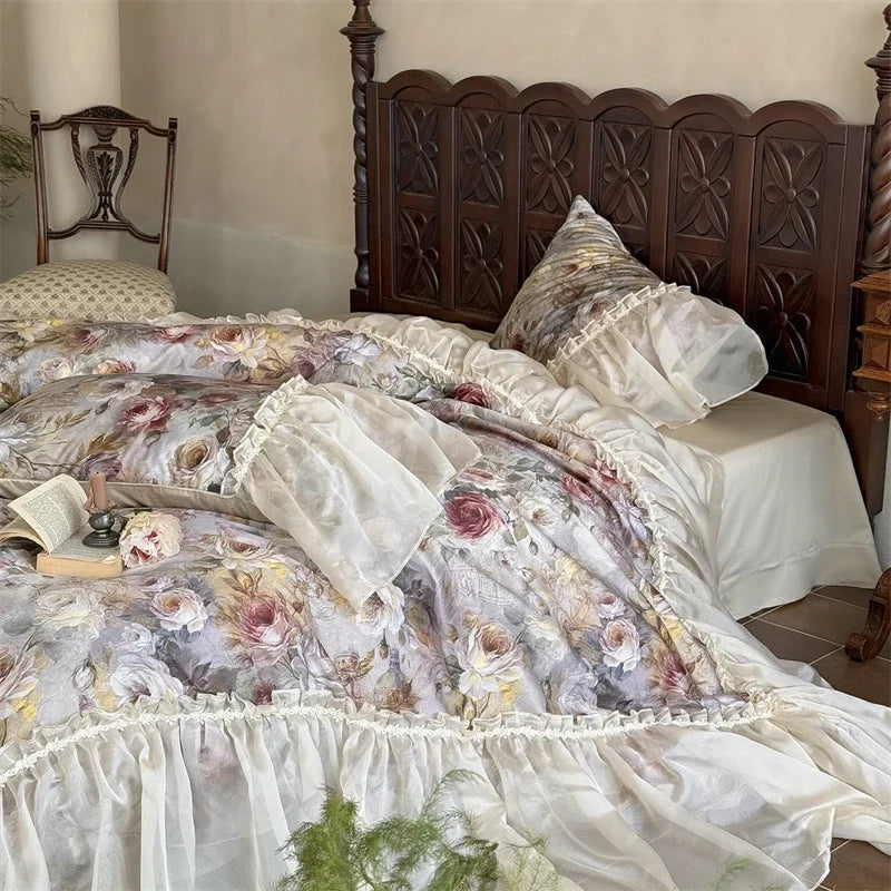 1000TC Egyptian Cotton Vintage Rose Flowers Prints Organza Ruffles Bedding Set