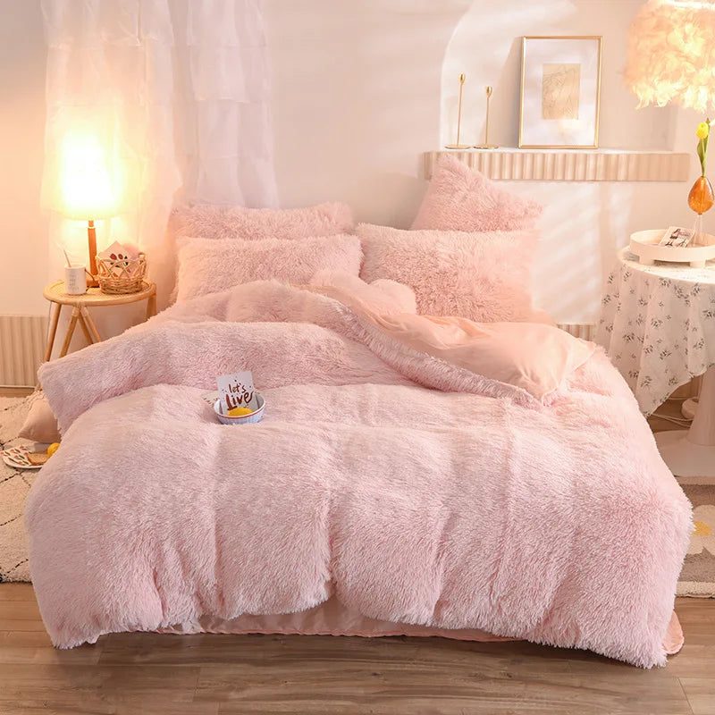 Solid Color Fluffy Long Plush Winter Bedding Set