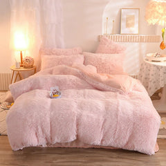 Solid Color Fluffy Long Plush Winter Bedding Set
