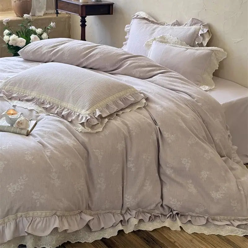 Vintage French Double Layer Lace Ruffles Linen Cotton Jacquard Bedding Set