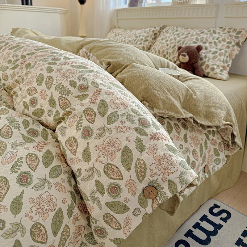 Korean Button Style Floral Print Bedding Set