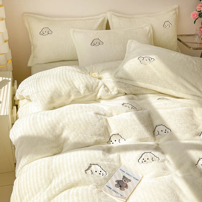 Cartoon Embroidered Plush 4pcs Bedding Set