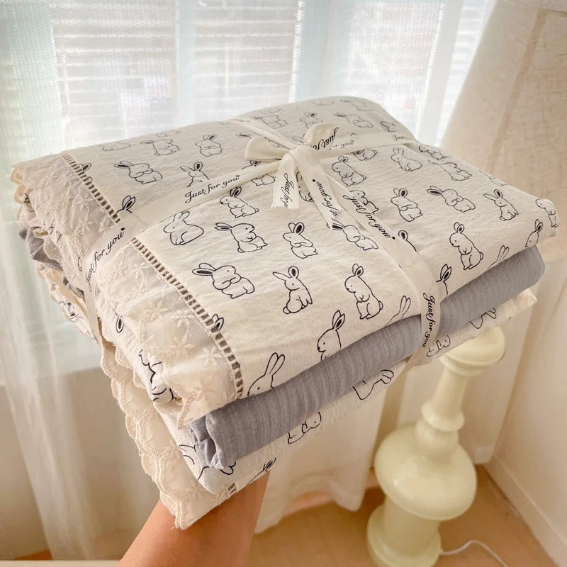 4pcs Floral Printed Duvet Cover Set Korean Lace Bedding Set