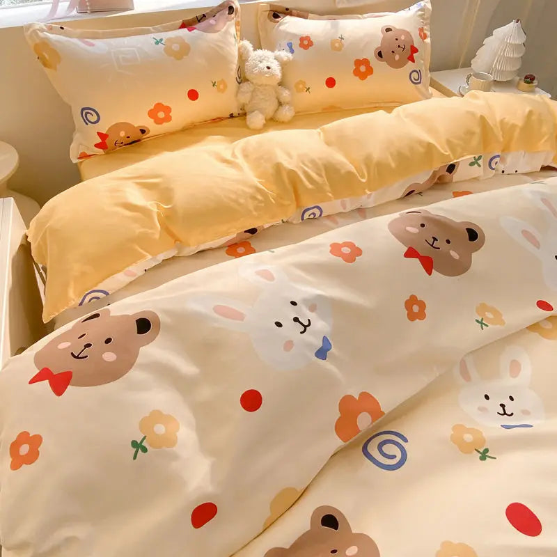 Kawaii Duvet Cover Set Cartoon Printed with Zipper Bed Sheet Pillowcases No Filler Twin Queen Size Adult Kids Bedding Linens