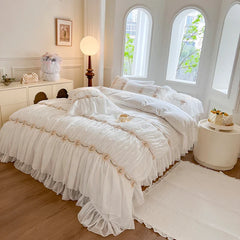 4/6Pcs Vintage French Pleated Pastoral Style Lace Ruffles Embroidery Bedding Set
