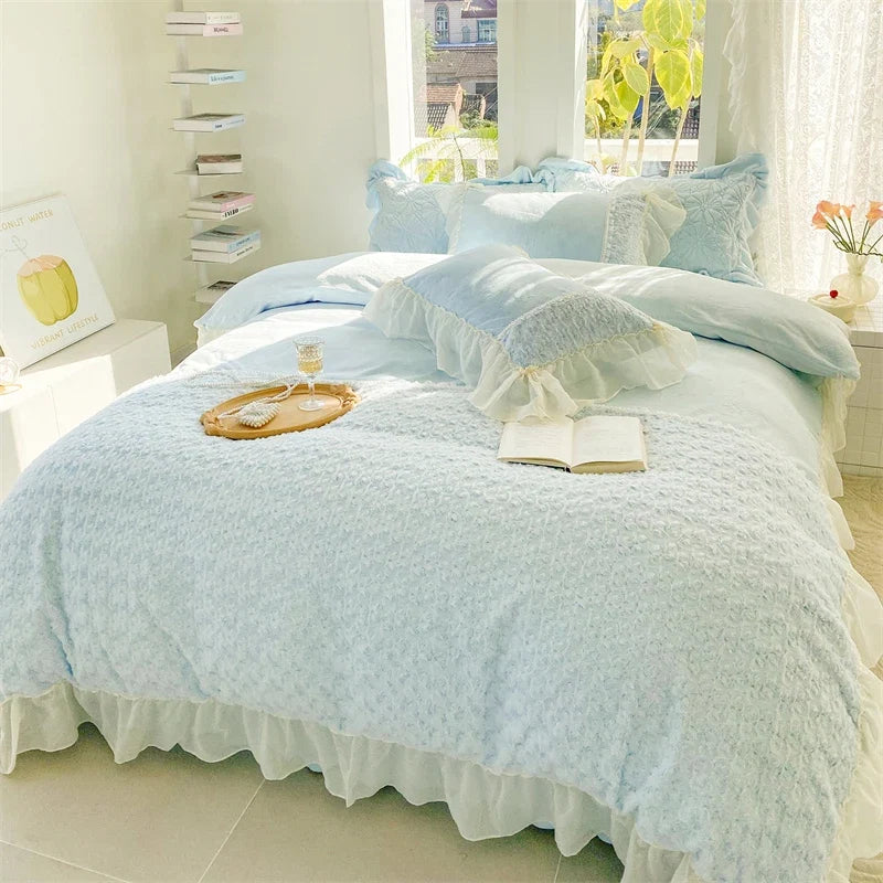 Pink Rose Flowers Short Plush Lace Ruffles Princess Bedding Set