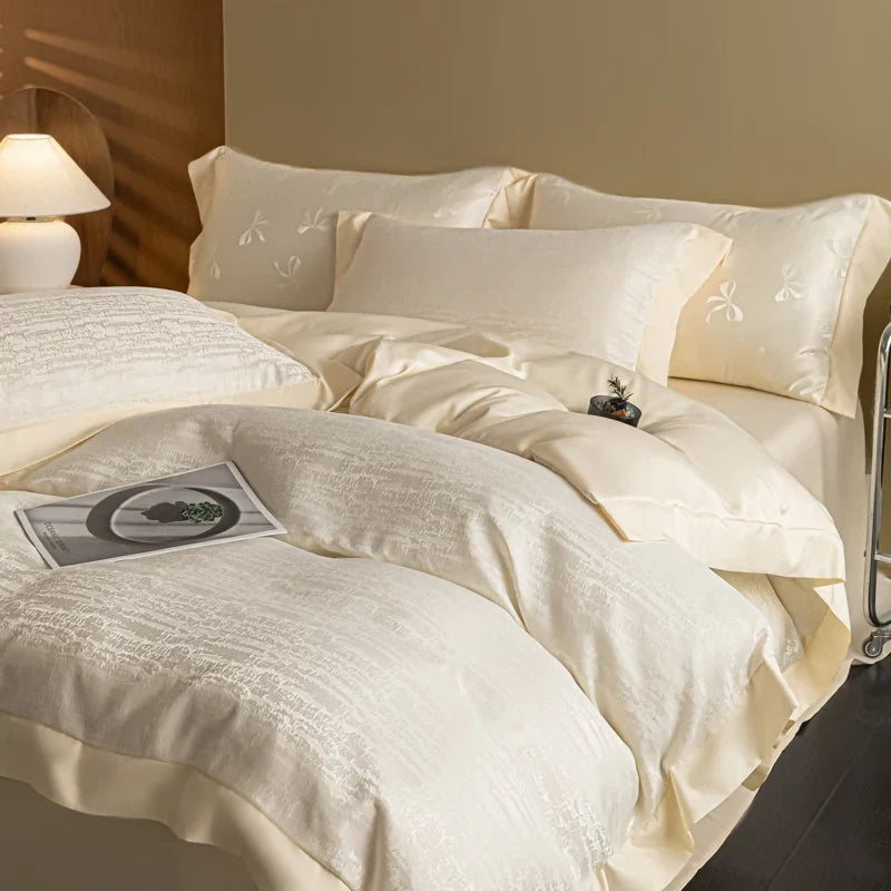 European Luxury Jacquard Ice Silk Duvet Cover Set Fashion Bow Pattern Queen King Bedding Set