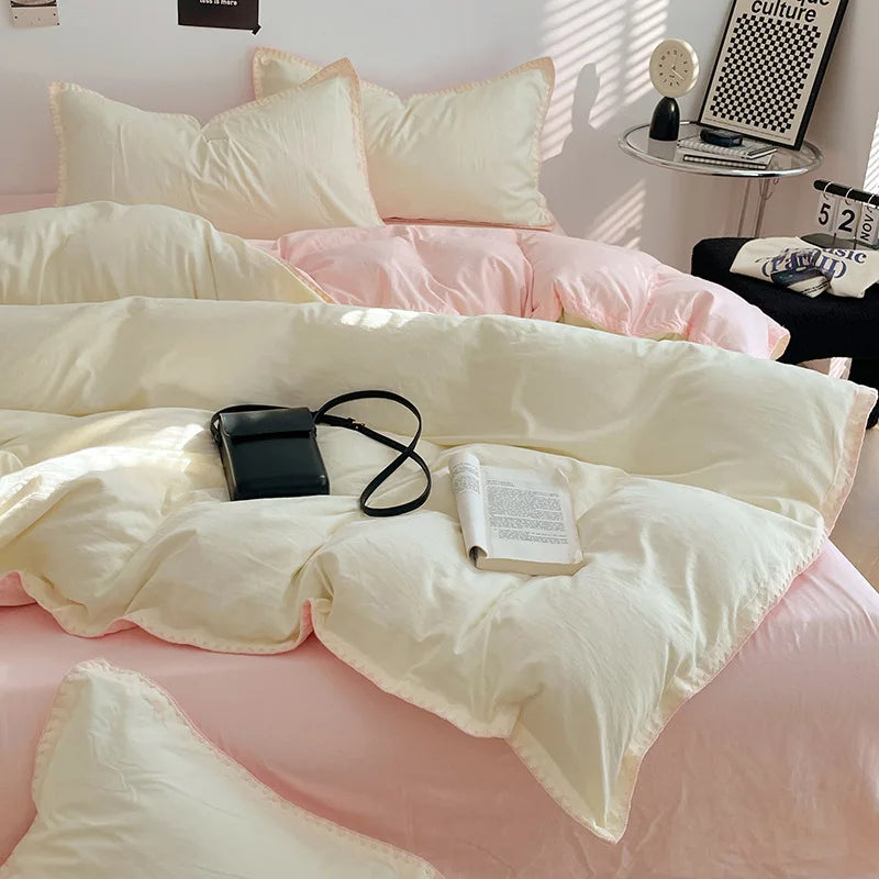 Solid Color Soft Duvet Cover Set Skin Friendly Washable Cotton Queen Bedding Set