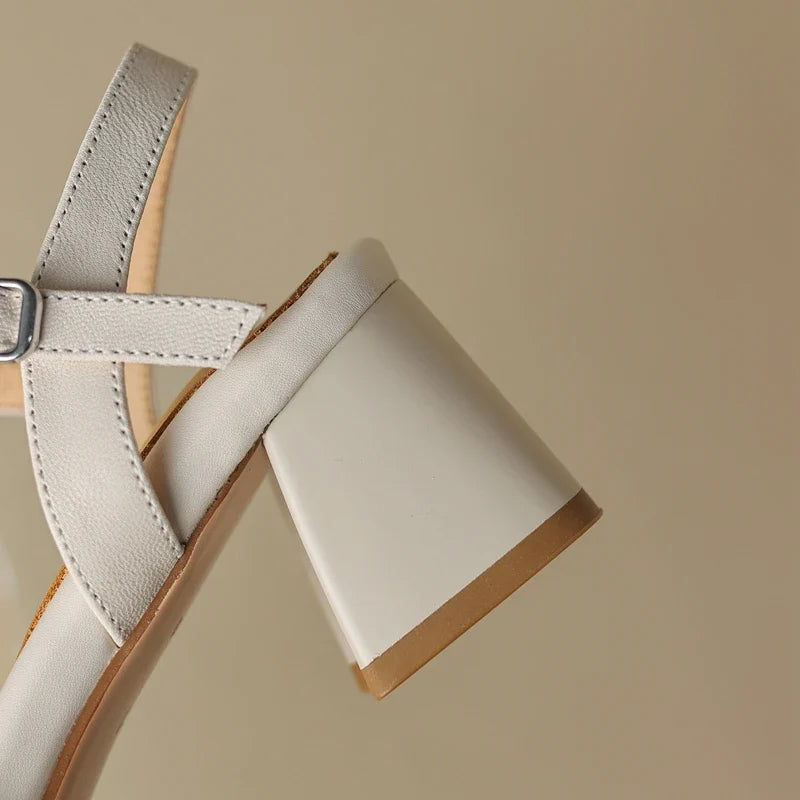 Sheepskin Square Toe Open Toe High-Heeled Thick Heel