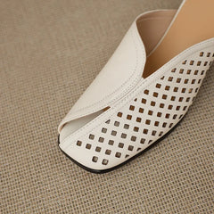 cowhide round head hollow breathable mid Heel