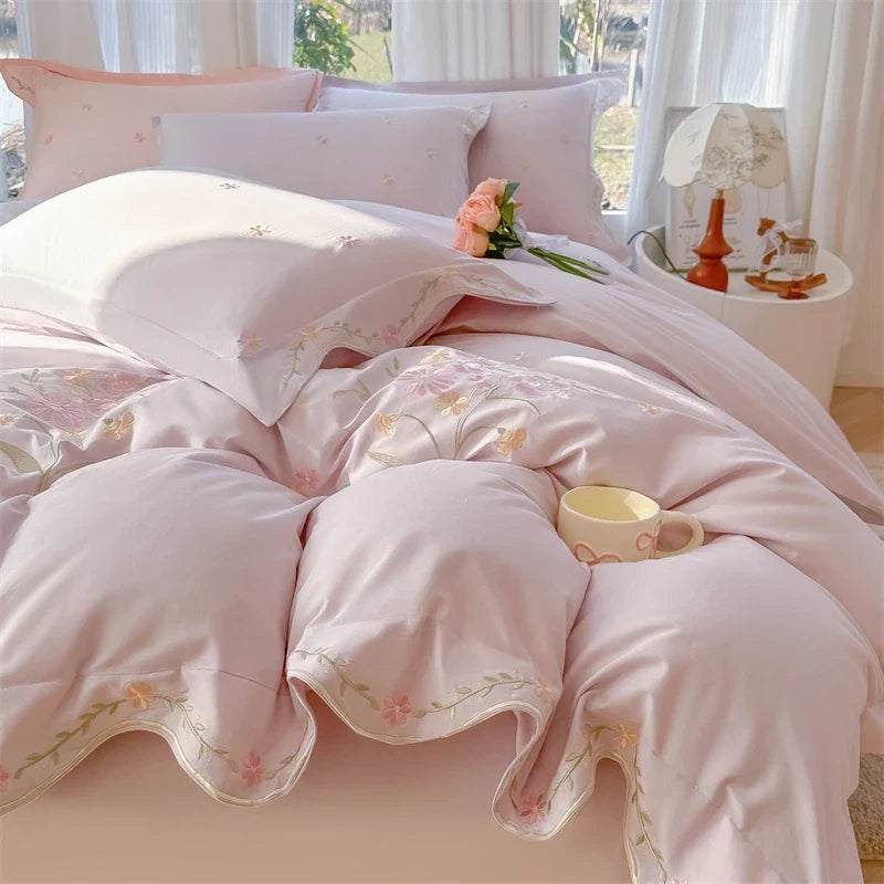 Floral Embroidery 100% Cotton Luxury Bedding Set