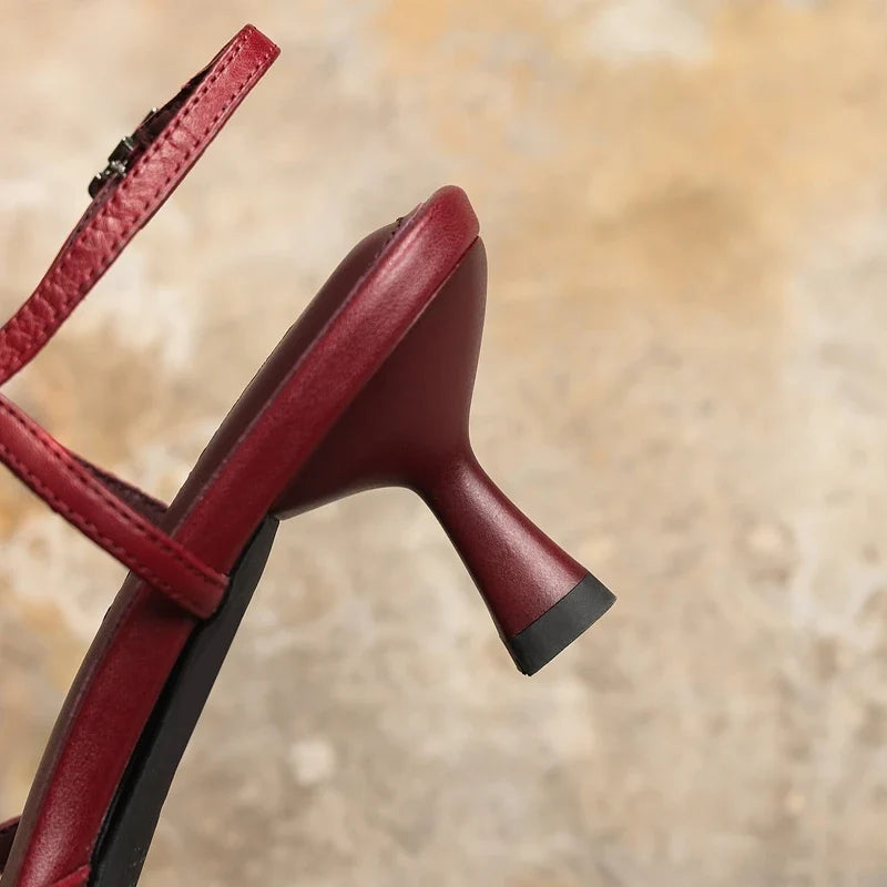 leather cowhide pointed elastic band high Heel