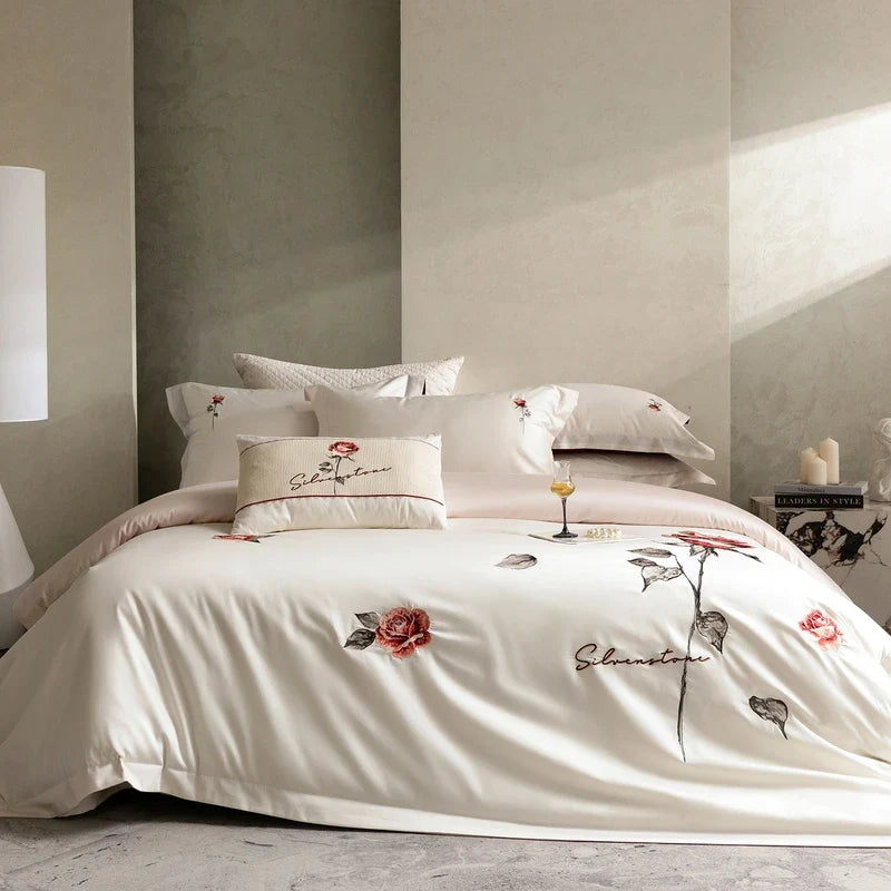 Luxury Rose Flowers Embroidery 100% Cotton Red Bedding Set