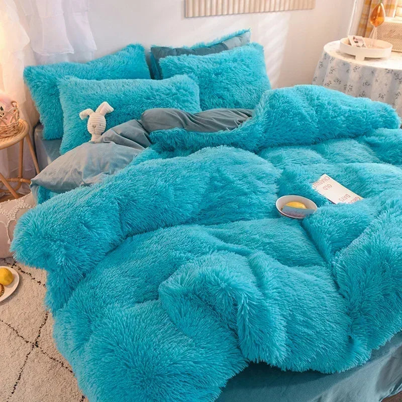 Solid Color Fluffy Long Plush Winter Bedding Set