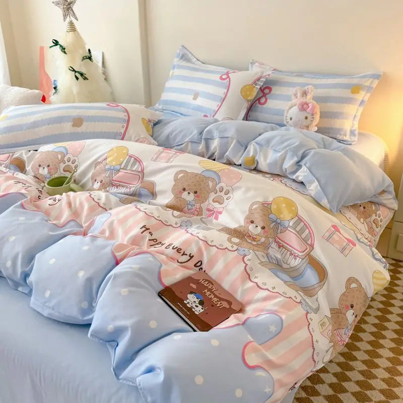 Ins Bear Duvet Cover Set with Zipper Fashion Girls Boys Kids Flat Bed Sheet Pillowcases No Filler Single Queen Size Bedding Set