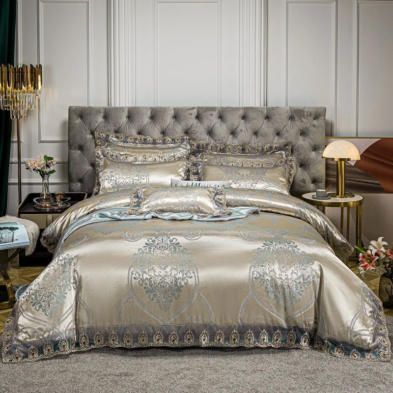 Luxury Euro Gold Satin Jacquard Lace Bedding Set
