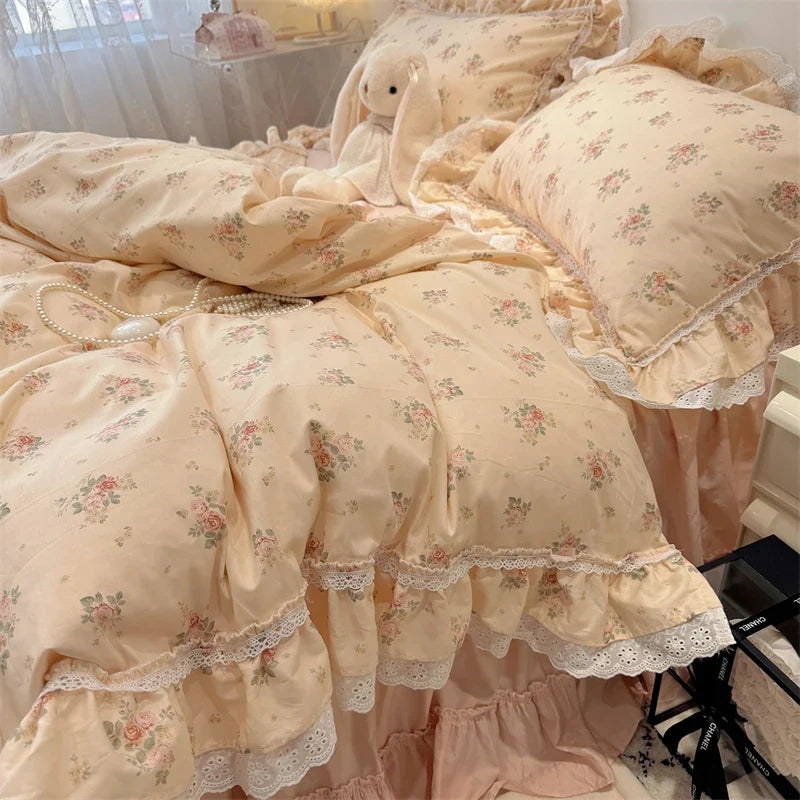 3/4Pcs Korean Princess Style Floral Lace Ruffle 100% Cotton Bedding Set
