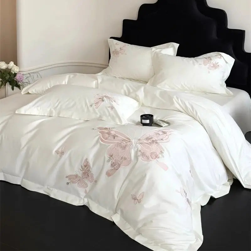 Premium 1000TC Egyptian Cotton Luxury Butterfly Embroidery White Bedding Set