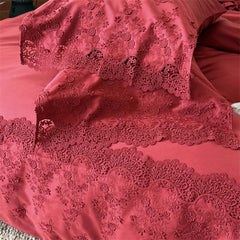 1000TC Egyptian Cotton Red Lace Embroidery Wedding Bedding Set