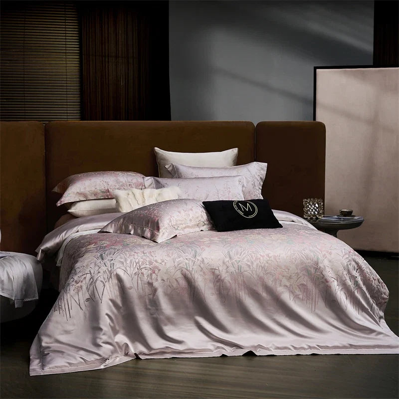 Luxury Botanical Jacquard 1000TC Egyptian Cotton Bedding Set, Soft Silky Satin Duvet Cover Set Flat/Fitted Sheet Pillowcase 4Pcs