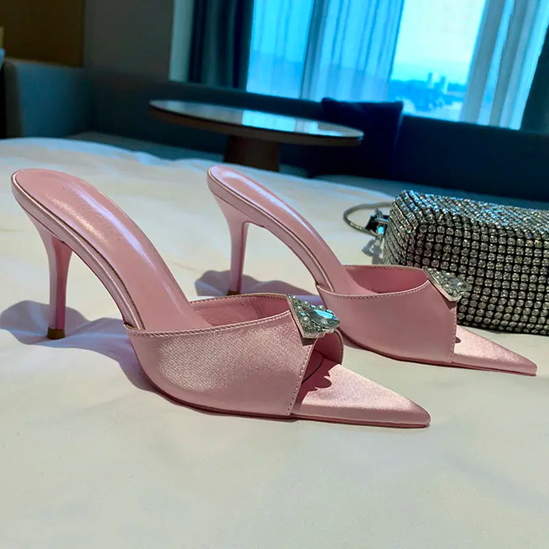 Wedding Slippers Ladies Satin Rhinestone Slides Ladies Bridesmaid Slippers Solid Color Women Heels