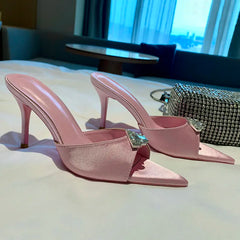 Wedding Slippers Ladies Satin Rhinestone Slides Ladies Bridesmaid Slippers Solid Color Women Heels