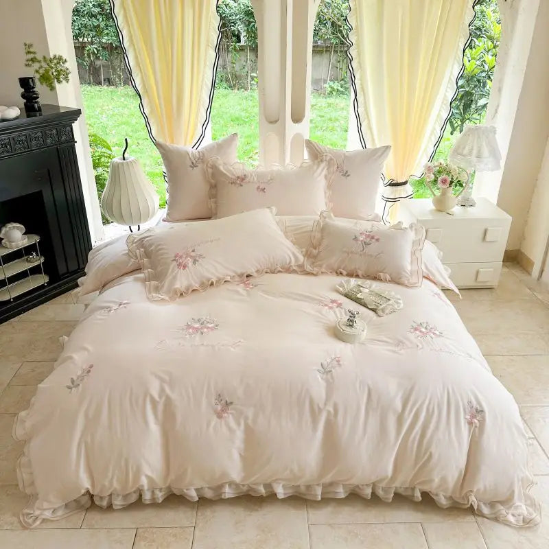 Rose Flowers Embroidery Lace Ruffles Princess Bedding Set