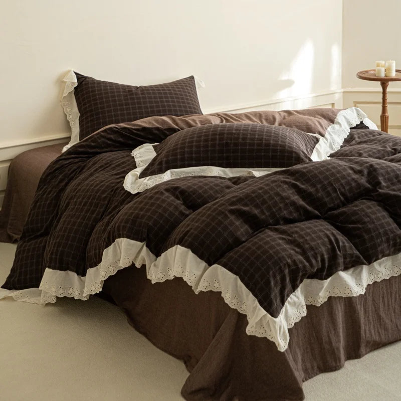 Vintage Plaid Style Lace Ruffles 100% Cotton Soft Comfortable Bedding Set