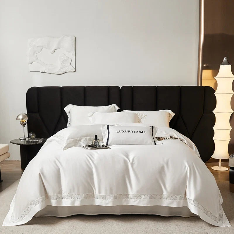 1000TC Lyocell Cotton Hollow Flowers Wide Edge Luxury Bedding Set