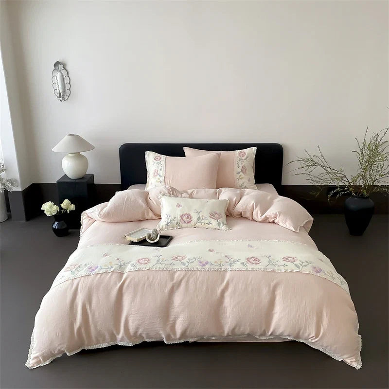 Pink Flowers Embroidery Lace Bedding Set