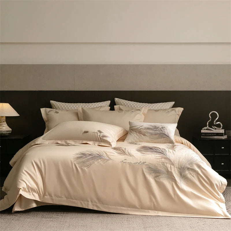 Luxury Feather Embroidery 100% Cotton Bedding Set