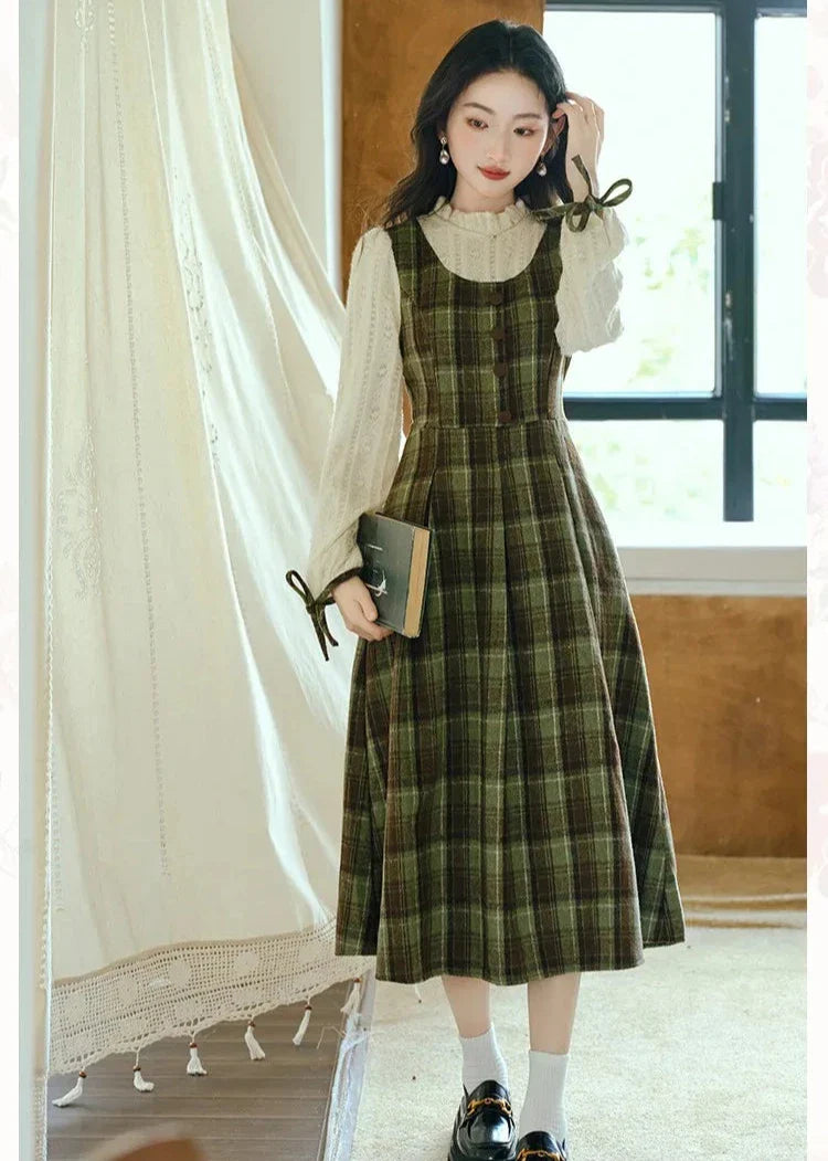 Harmony Plaid Wool Dark Academia Cottage Dress