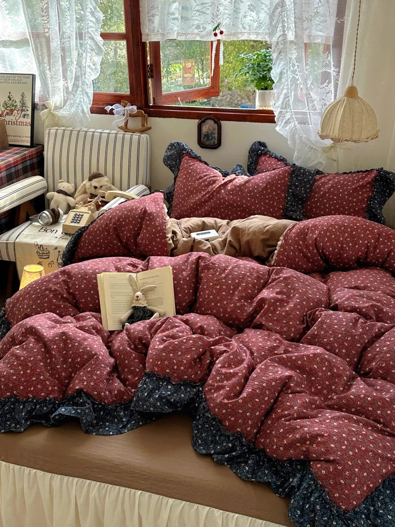 3/4Pcs Vintage Flower Lace Ruffles Skin-friendly Soft Bedding Set