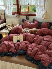 3/4Pcs Vintage Flower Lace Ruffles Skin-friendly Soft Bedding Set