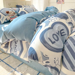 Heart Pattern 100% Cotton Duvet Cover Set with Flat Sheet or Fitted Sheet 3/4 Pcs Soft Breathable Queen King Size Bedding Set